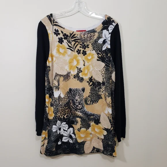 Red - cheetah & floral print long ribbed sweater woman's size medium - Picture 1 of 7